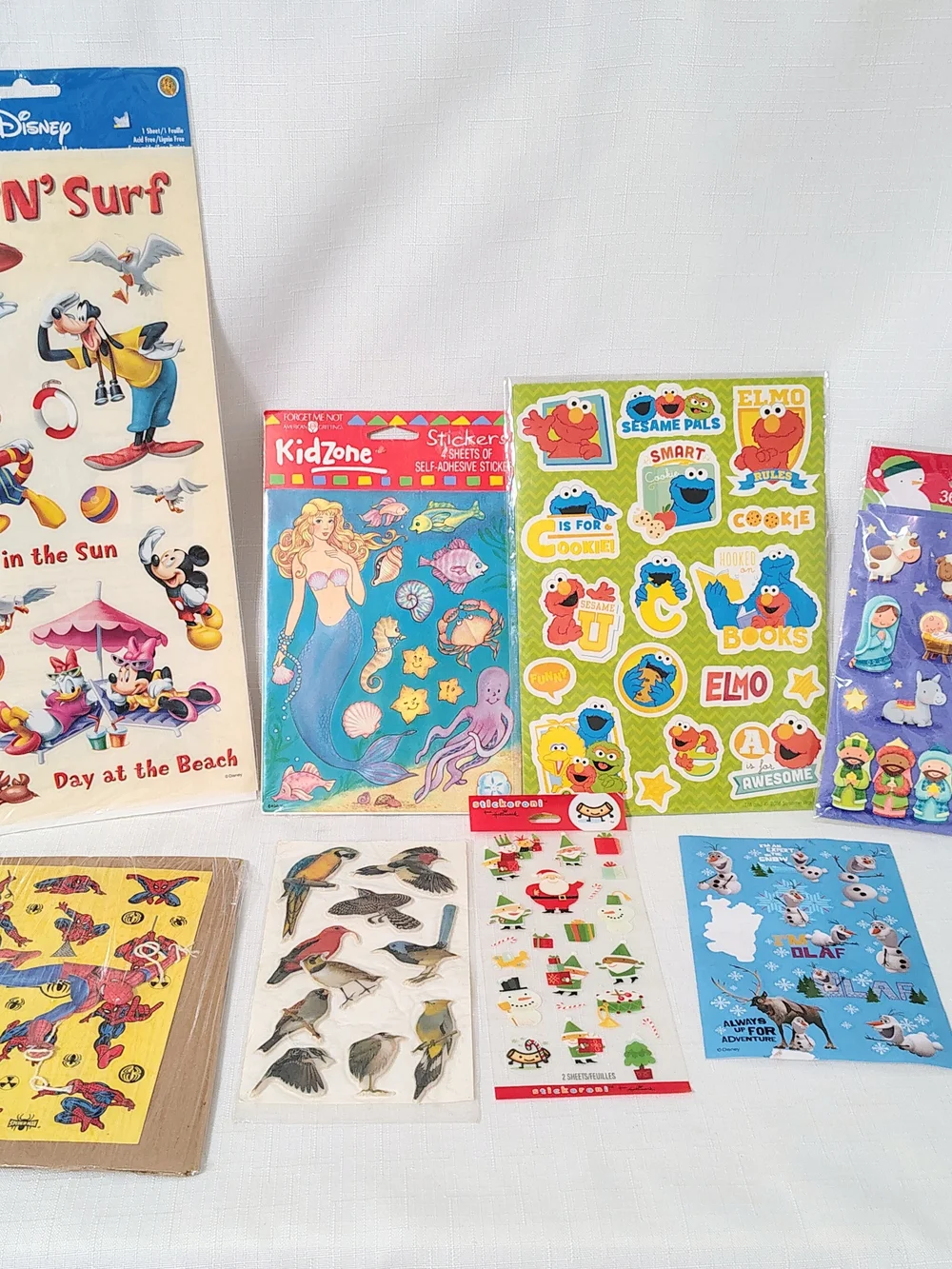 Mixed Lot Of 8 Sheets Of Kid Themed Stickers Disney Sesame Street Spider-Man +++